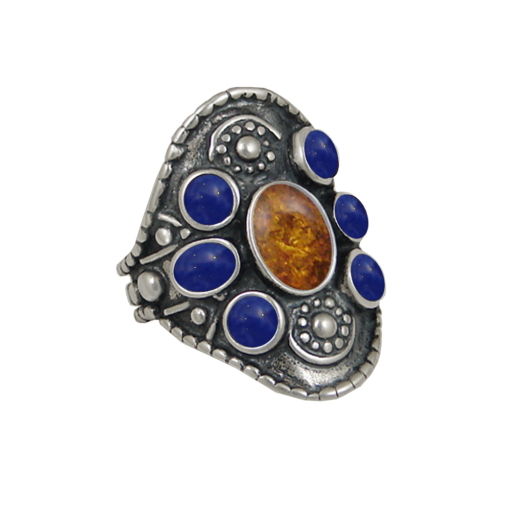 Sterling Silver High Queen's Ring With Amber And Lapis Lazuli Size 10